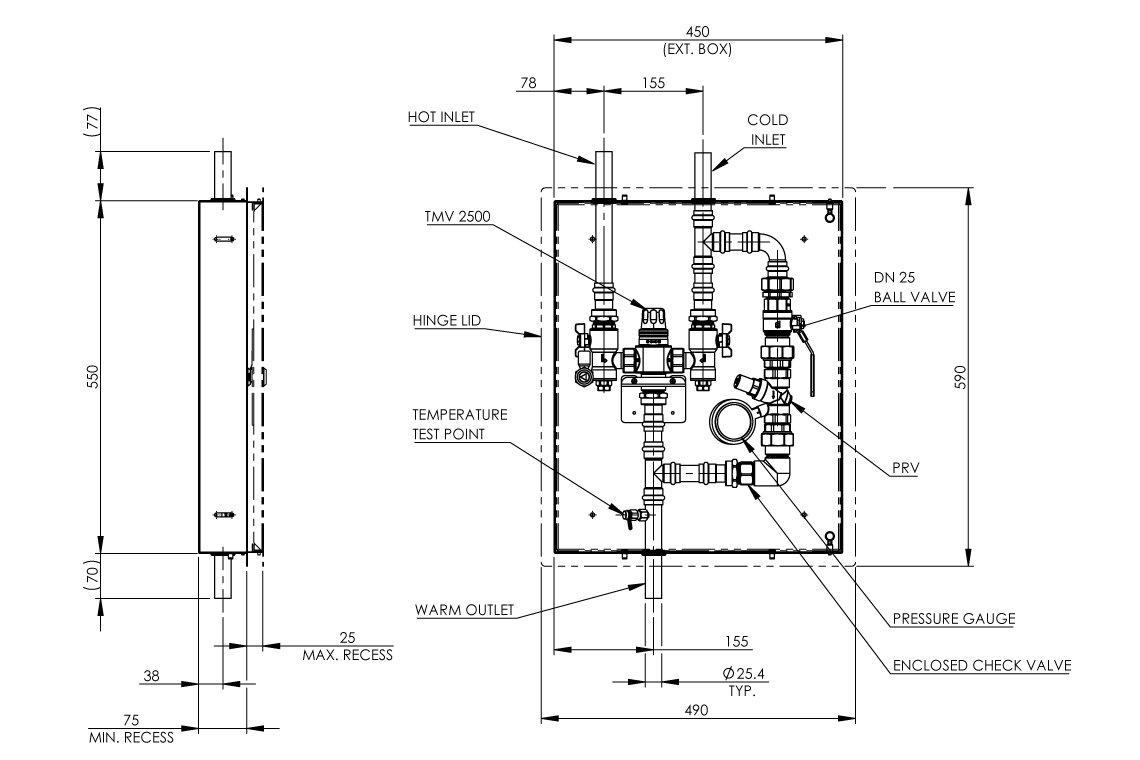 Tepid Water System for Emergency Shower and Eye Wash in SS Cabinet with lid