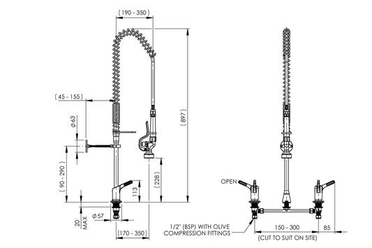 Food Service: Hob Mounted Pre-Rinse Unit with Concealed Mixer Assembly