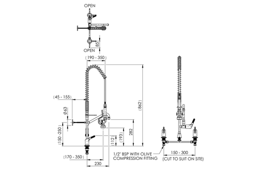 Food Service: Hob Mounted Pre-Rinse Unit with Concealed Mixer Assembly and Pot Filler