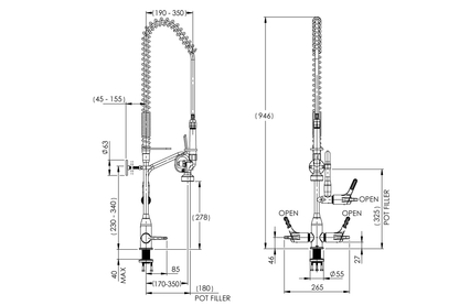 Food Service: Hob Mounted Pre-Rinse Unit with Dual Mixer Assembly and Pot Filler