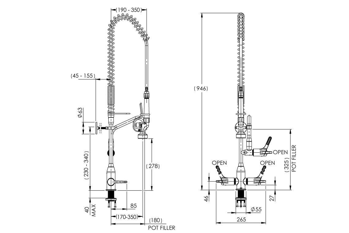 Food Service: Hob Mounted Pre-Rinse Unit with Dual Mixer Assembly and Pot Filler