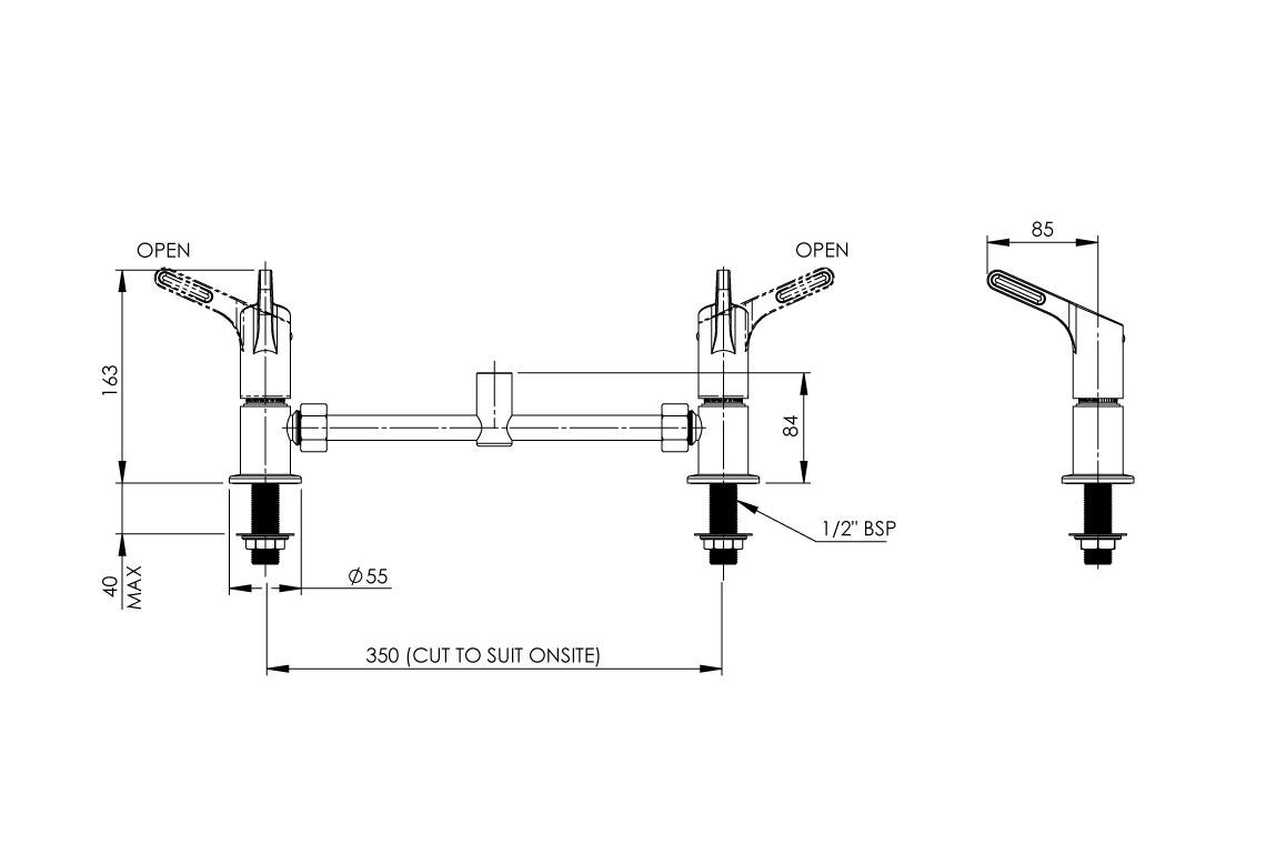Hob Mounted Adjustable Exposed Mixer Base with 80mm Lever Handles - Jumper Valve