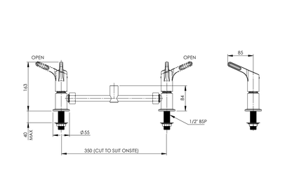 Hob Mounted Adjustable Exposed Mixer Base with 80mm Lever Handles - Jumper Valve