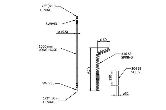 Hose Kit 15mm 1/2" BSP FI Teflon - 1000mm with Spring and Sleeve