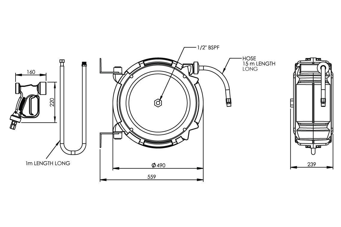 Hot/Cold Water Wash Down Hose Reel with Heavy Duty Trigger Spray