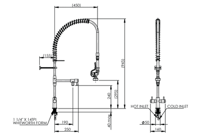 Hob Mounted: Pre-Rinse Unit - Spring Return - Dual Mixer Assembly - Pot Filler