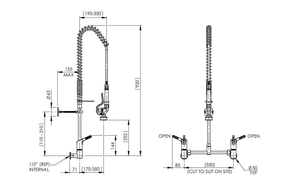 Food Service: Pre-Rinse Wall Exposed Mixer Assembly - Adjustable
