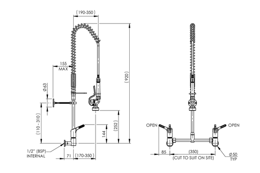 Food Service: Pre-Rinse Wall Exposed Mixer Assembly - Adjustable
