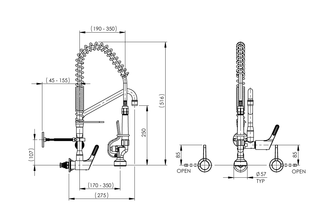 Food Service: Pre-Rinse Wall Assembly with Concealed Mixer Assembly – Compact Version with Pot Filler
