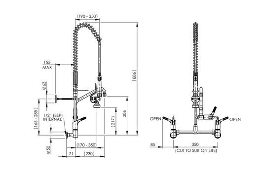 Food Service: Pre Rinse Wall Exposed Mixer Assembly with Pot Filler - Adjustable