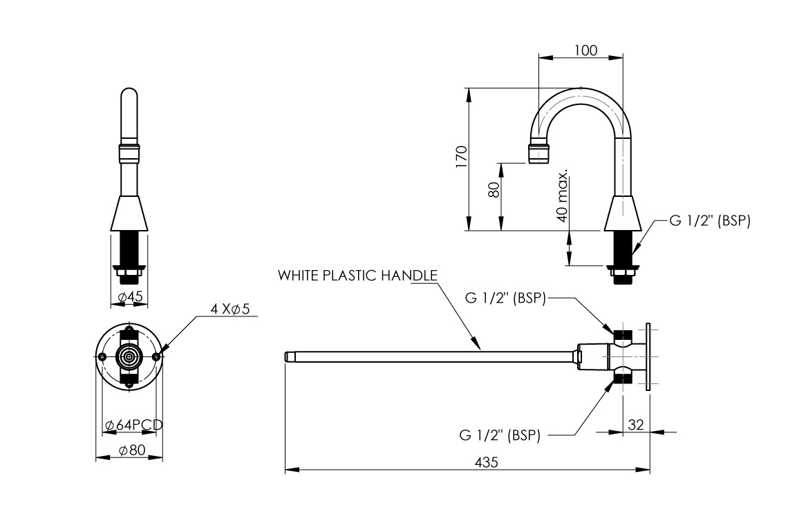 Time-Flow: Knee Operated Valve - 100mm Hob Spout