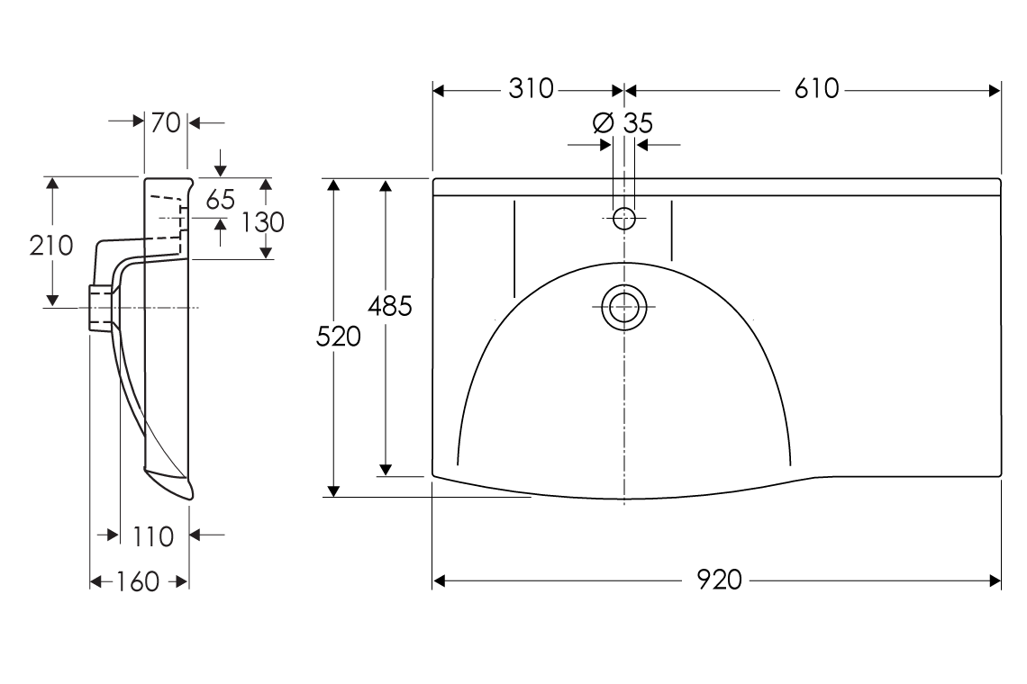 D Shape Basin 900 Left Hand Bowl with Integrated Shelf - 1 Tap Hole with Overflow