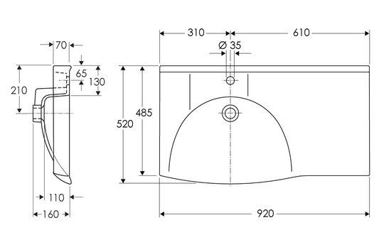 D Shape Basin 900 Left Hand Bowl with Integrated Shelf - 1 Tap Hole with Overflow