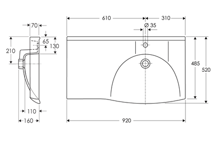 D Shape Basin 900 Right Hand Bowl with Integrated Shelf - 1 Tap Hole with Overflow