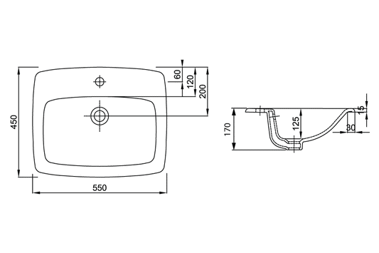 Rectangular Insert Drop Wash Basin 650mm - 1 Taphole x 1 Overflow