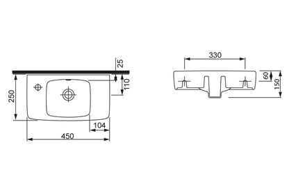 Rectangular Wash Basin 450mm - 1 x Left Hand Taphole 1 x Overflow