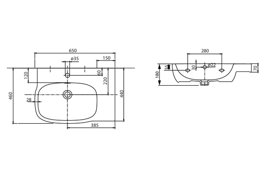 Style Asymmetrical Basin Left Hand Bowl 650mm - 1 x Taphole 1 x Overflow