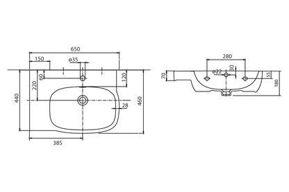 Style Asymmetrical Basin Right Hand Bowl 650mm - 1 x Taphole 1 x Overflow