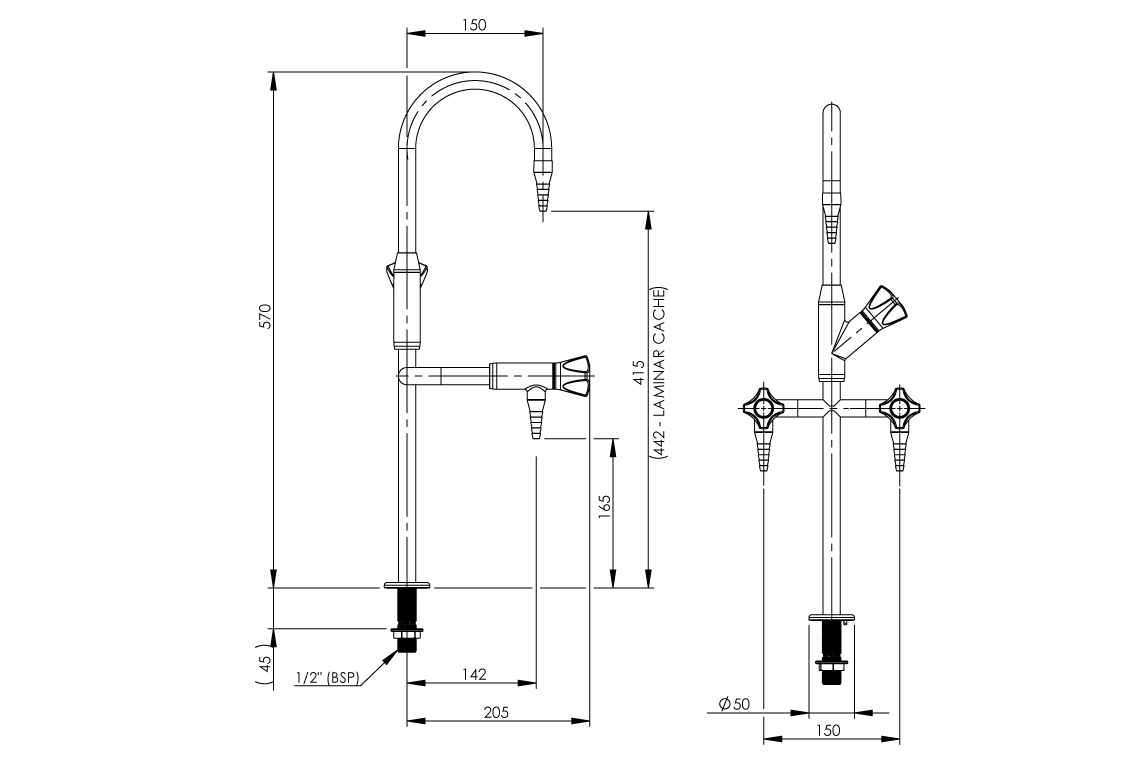 ComLab 3-Way Bench Mounted Laboratory Tap with 2 Bib Outlets and 1 Swivel Gooseneck Outlet - Ceramic Disc - Water