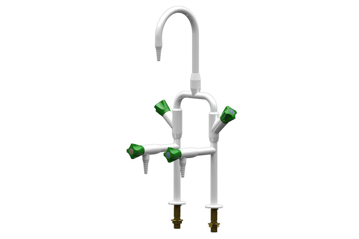 ComLab 3-Way Bench Mounted Laboratory Mixing Set with 2 Bib Outlets and 1 Swivel/Fixed Gooseneck Outlet - Ceramic Disc - Water
