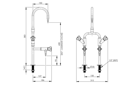 ComLab 3-Way Bench Mounted Laboratory Mixing Set with 2 Bib Outlets and 1 Swivel/Fixed Gooseneck Outlet - Ceramic Disc - Water