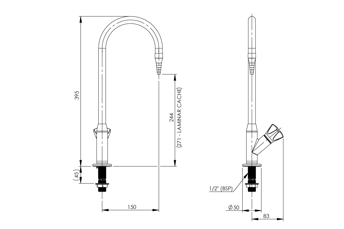 Com Lab Bench Mounted Laboratory Tap with Swivel/Fixed Gooseneck Outlet - Ceramic Disc - Water