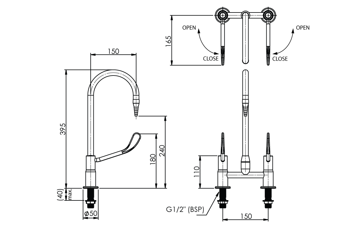 ComLab Bench Mounted Laboratory Mixing Set with Swivel/ Fixed Gooseneck Outlet and Lever Handles - Ceramic Disc - Water