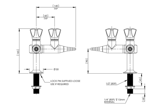 ComLab Bench Mounted 2 Way 90 Degree Push Turn Gas Turret - Natural Gas/LPG