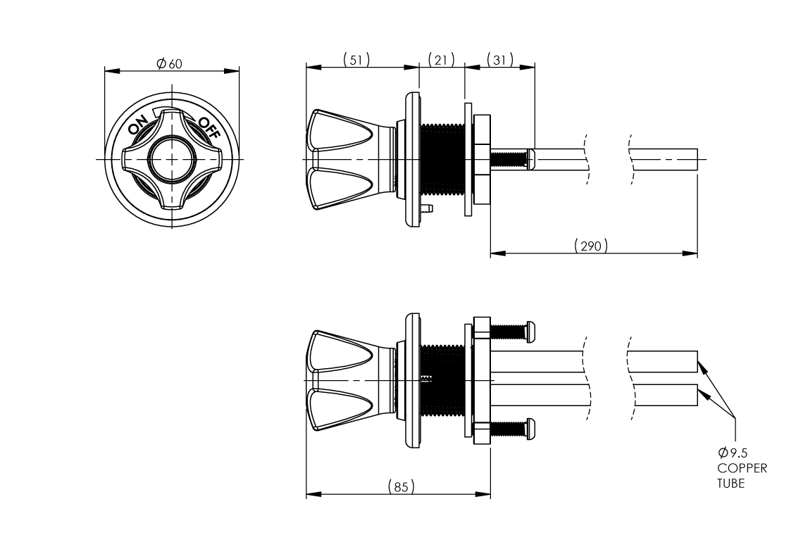 ComLab Front Panel Valve 3/8" x 300mm Copper Inlet/Outlet - Natural Gas/LPG