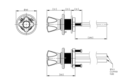 ComLab Front Panel Valve 3/8" x 300mm Copper Inlet/Outlet - Natural Gas/LPG