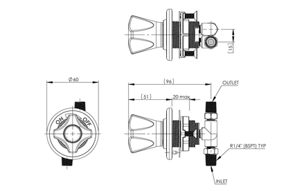 ComLab Front Panel Valve 90 Degree 1/4" BSPT Inlet/Outlet for Hose Connection - Ceramic Disc - Water