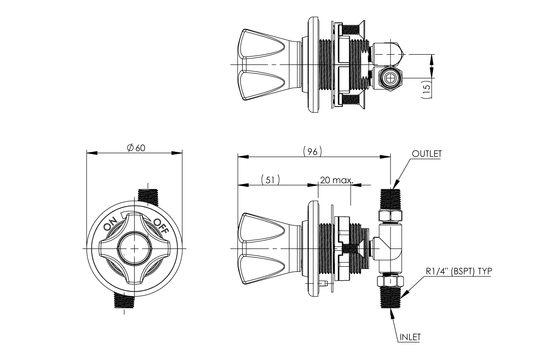 ComLab Front Panel Valve - 90 Degree 1/4" BSPT Inlet/Outlet for Hose Connection - Needle Valve - Dry Media - AIR/ CO2/ HE/ AR/ N2