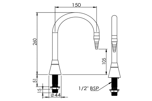 ComLab: 150mm Goose Neck Swivel Outlet - Hob Mounted