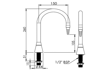 ComLab: 150mm Goose Neck Swivel Outlet - Hob Mounted