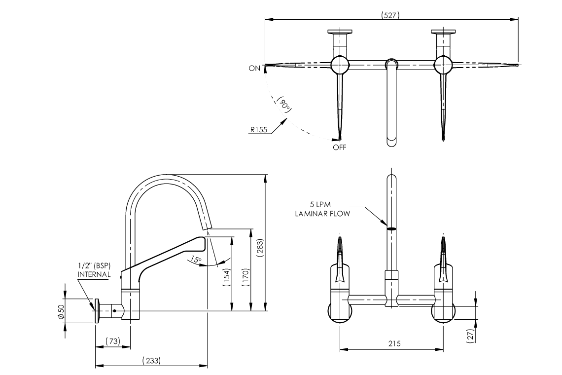 Leva Type 51 150mm Wall Mounted Mixing Set with SPC020 Swivel Spout