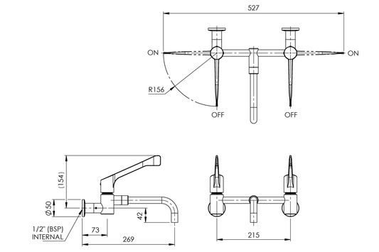 Leva Type 56 150mm Wall Mounted Mixing Set with  Low Level Fixed Spout