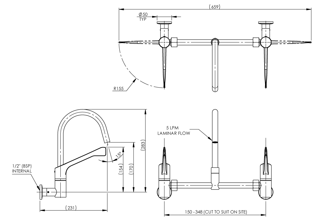 Leva Type 51 Wall Mounted Adjustable Mixing Set - 1/4 Turn Ceramic Disc