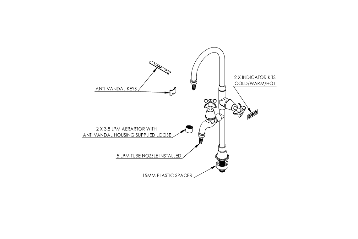 Type 8 2-Way Laboratory Tap Swivel Outlet with Aerated/ Tube Nozzle - School Pattern Handle Jumper Valve