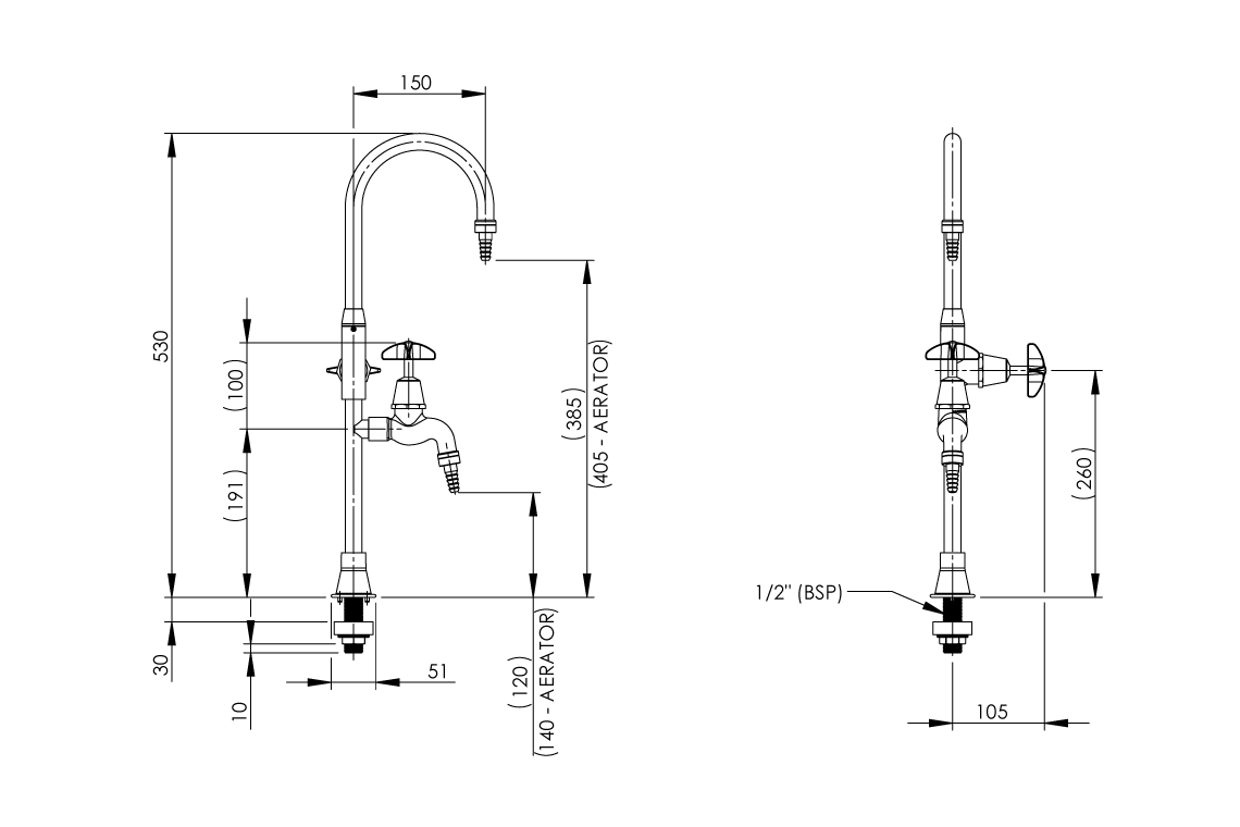 Type 8 2-Way Laboratory Tap Swivel Outlet with Aerated/ Tube Nozzle - School Pattern Handle Jumper Valve