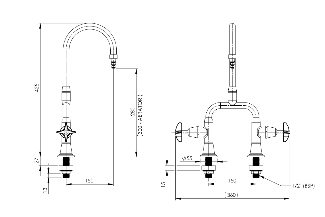 Type 13 Laboratory Mixing Set Swivel and Fixed Outlet  Aerated/Tube Nozzle - School Pattern Handle Jumper Valve