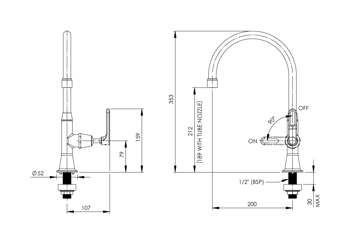 Type 16C7 Laboratory Stop Tap 200mm Swivel and Fixed Outlet Aerated/ Tube Nozzle - Ceramic Disc Lever Handle