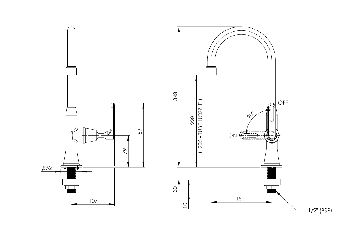 Type 16A Laboratory Stop Tap Swivel and Fixed Outlet Aerated/ Tube Nozzle - Ceramic Disc Lever Handle
