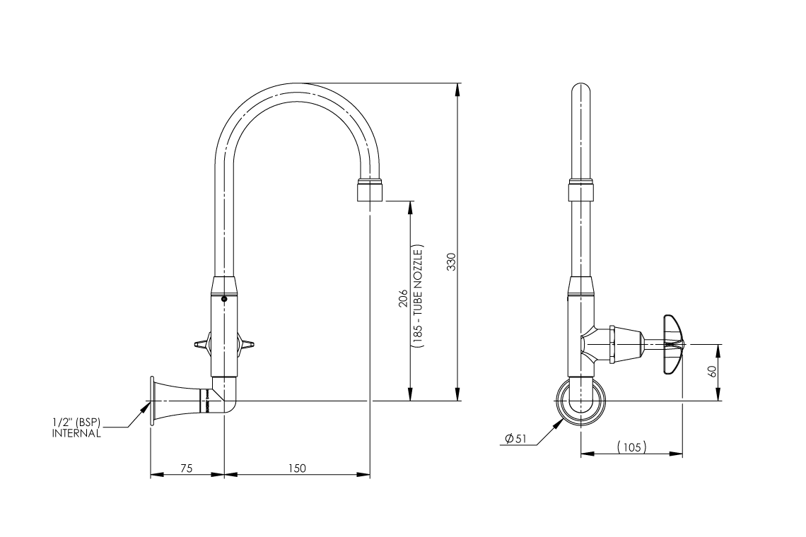 Type 16A Laboratory Wall Stop Tap Swivel and Fixed Outlet Aerated/ Tube Nozzle - School Pattern Handle Jumper Valve