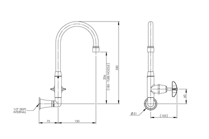 Type 16A Laboratory Wall Stop Tap Swivel and Fixed Outlet Aerated/ Tube Nozzle - School Pattern Handle Jumper Valve