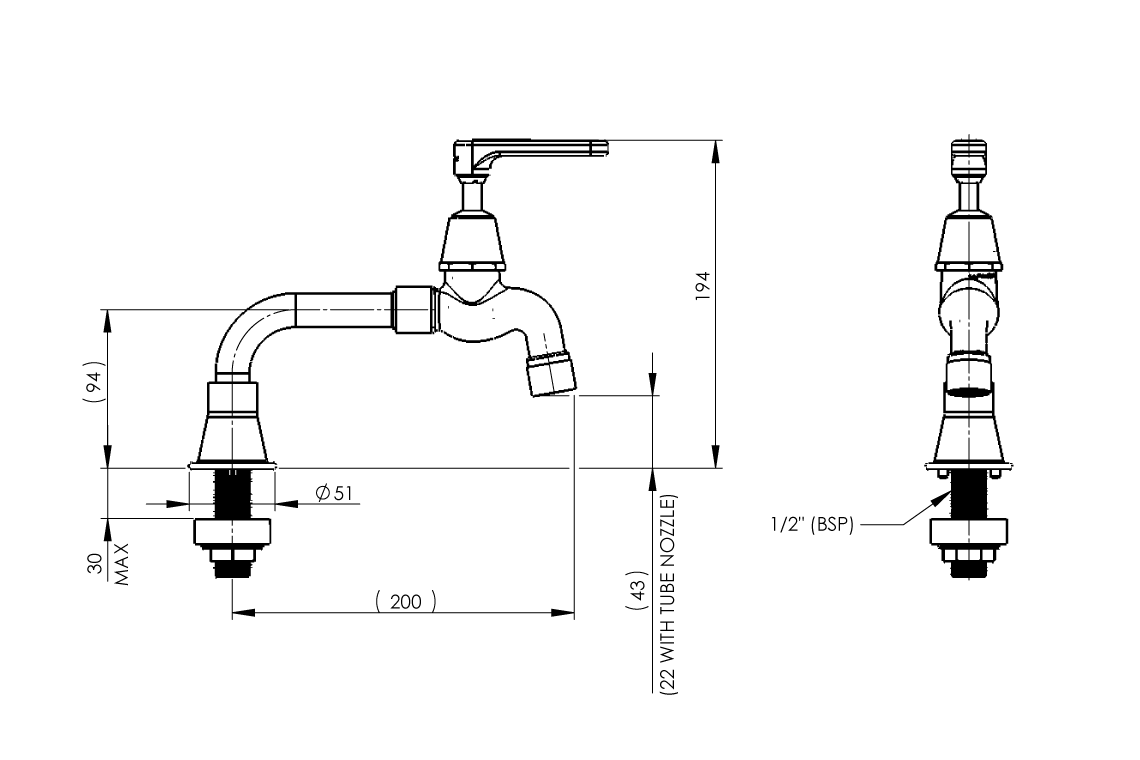 Type 26-7 Lab Bench Bib Tap with Lever Handle and Anti-Vandal Aerator - 6 lpm