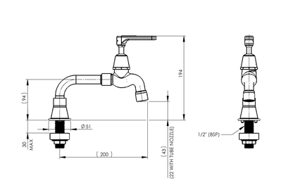 Type 26-7 Lab Bench Bib Tap with Lever Handle and Anti-Vandal Aerator - 6 lpm