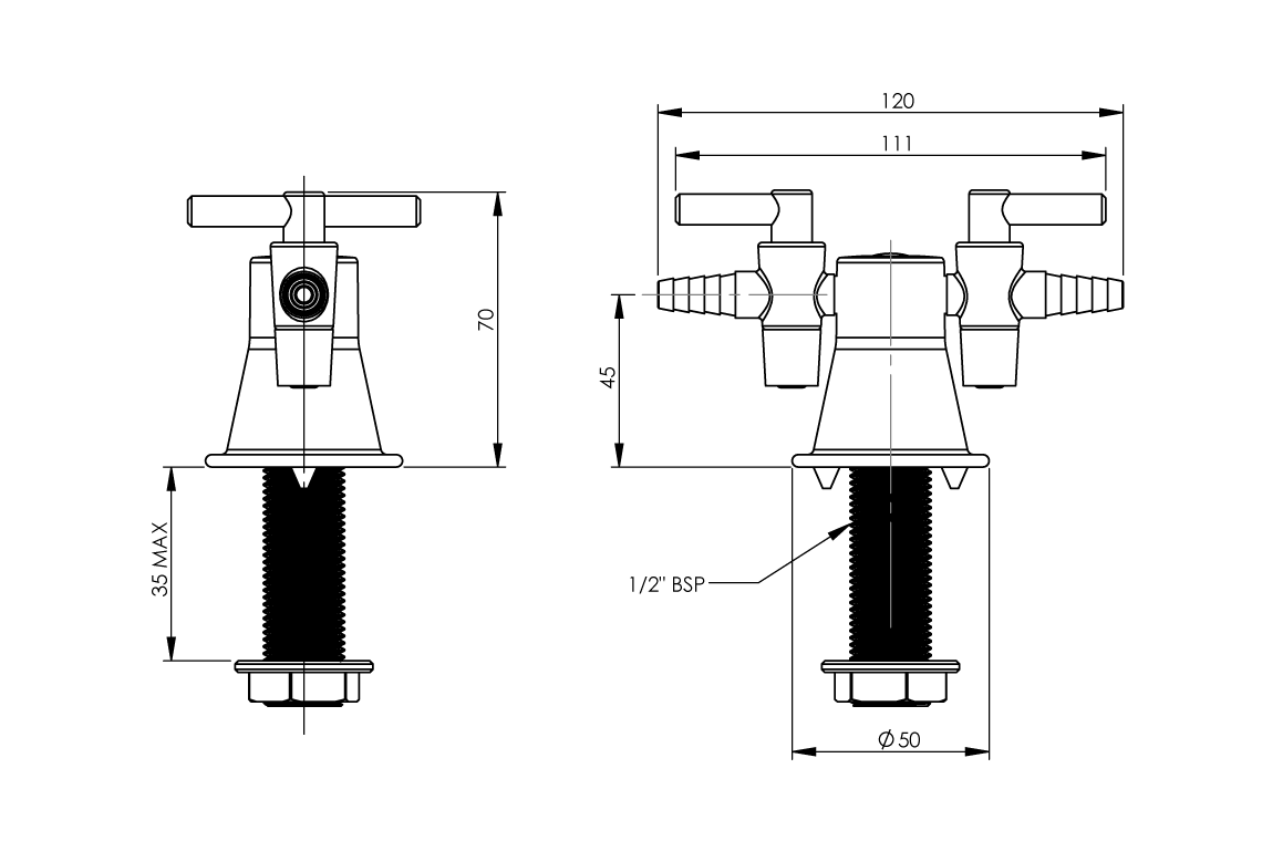 Type 39 - 2-Way Gas Turret 180 Degree MI 15mm 7kPa
