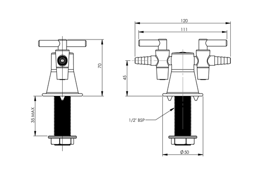 Type 39 - 2-Way Gas Turret 180 Degree MI 15mm 7kPa