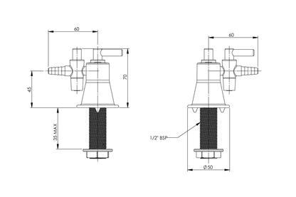 Type 40 - 2-Way Gas Turret 90 Degree MI 15mm 7kPa