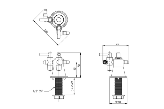Type 40 - 2-Way Right Angle Gas Turret 90 Degree with Non-Return Valve MI 15mm 7kPa